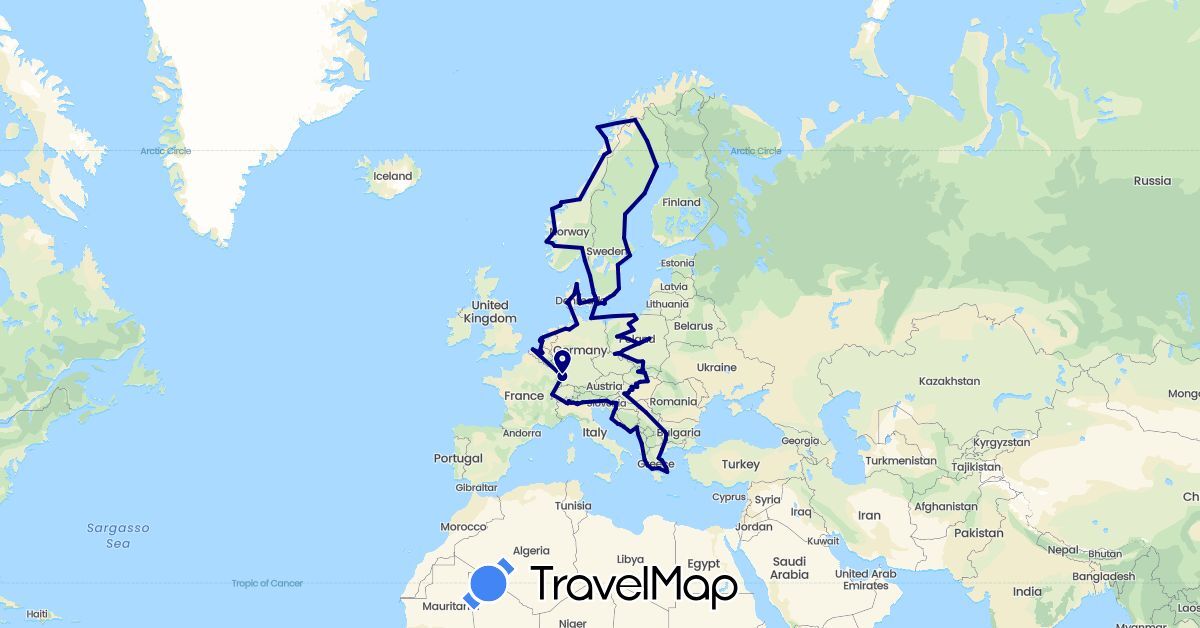 TravelMap itinerary: driving in Albania, Belgium, Bulgaria, Germany, Denmark, France, Greece, Croatia, Hungary, Italy, Montenegro, Netherlands, Norway, Poland, Serbia, Sweden, Slovenia, Slovakia (Europe)
